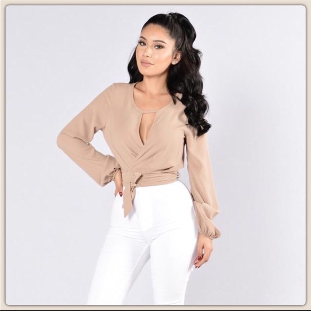 Nude long sleeve crop wrap tie